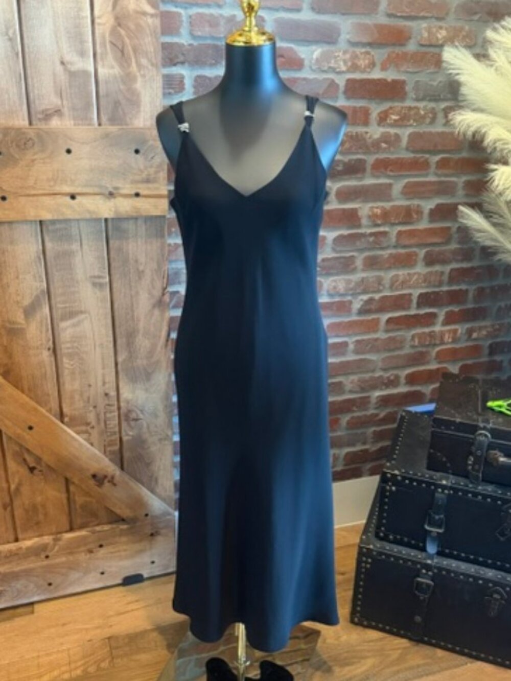 Jones New York Dress Black Midi Slip Dress 12 Rhinestone Straps 90s Minimalist